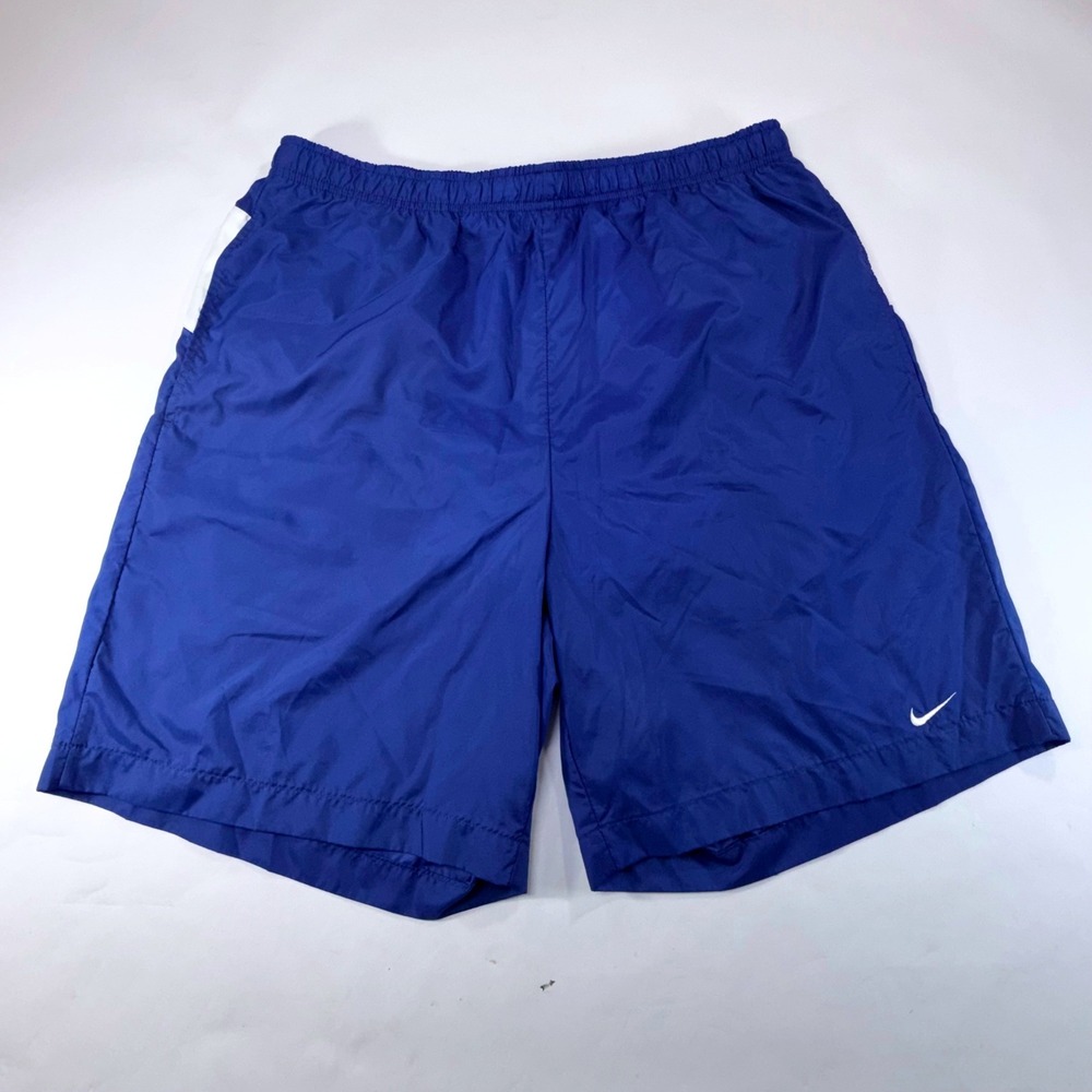 Vintage Nike Spellout Swim Trunks Men L Blue White Nylon Mesh Lined Y2K 90s Logo